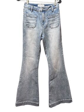 Risen Women's Light Blue Flare Jeans with Front Patch Pockets